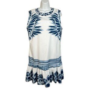 Agua de Coco Floral Mini Dress Ruffle Sleeveless resort Vacation White Blue M/L